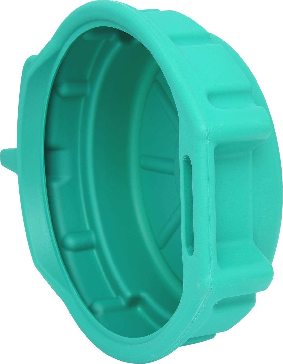 Round, turquoise plastic lid or ring with multiple grip recesses, potentially suitable for sealing or holding purposes.
