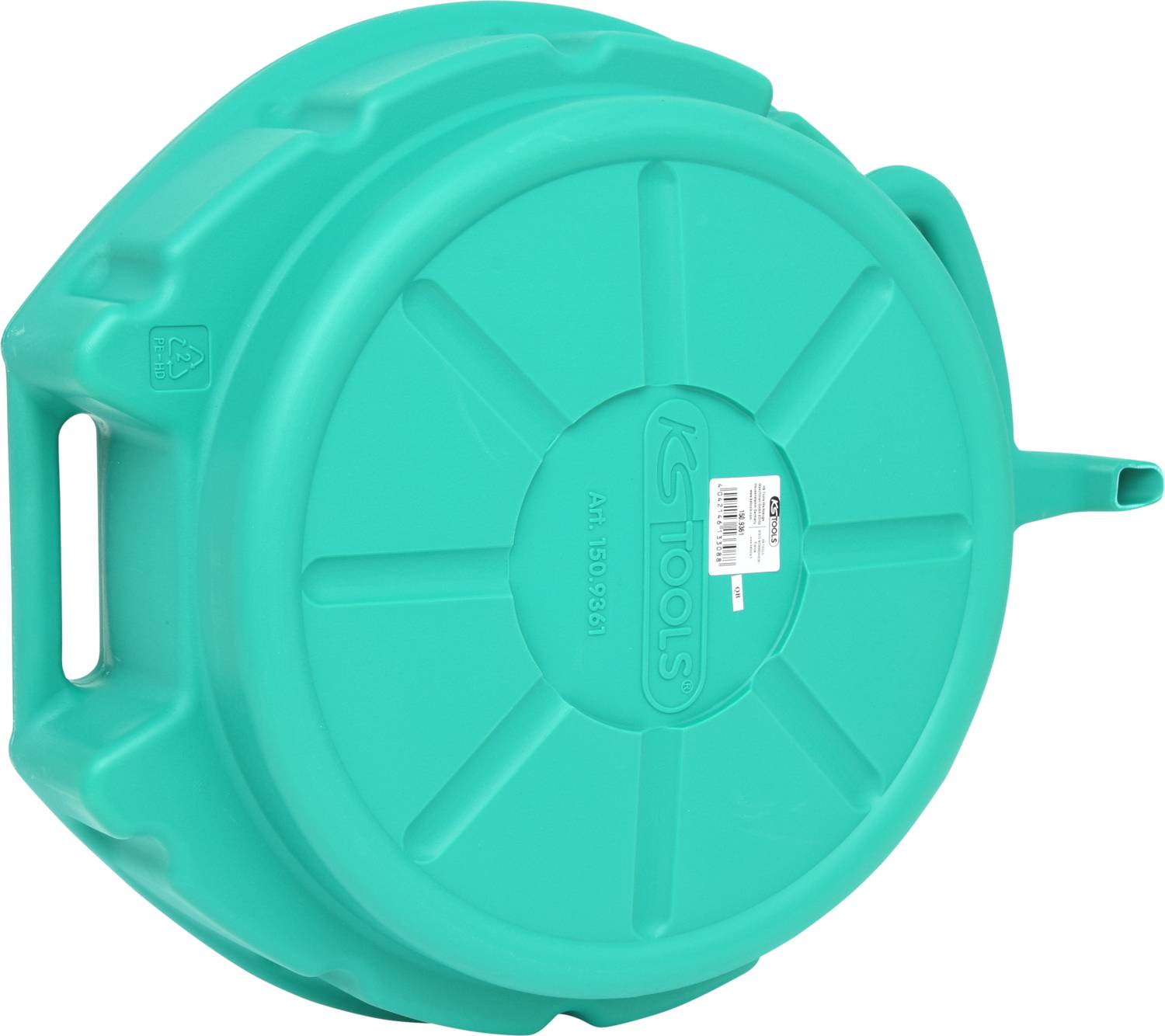 Blue plastic oil collection container with carrying handles and spout, suitable for use in workshops.