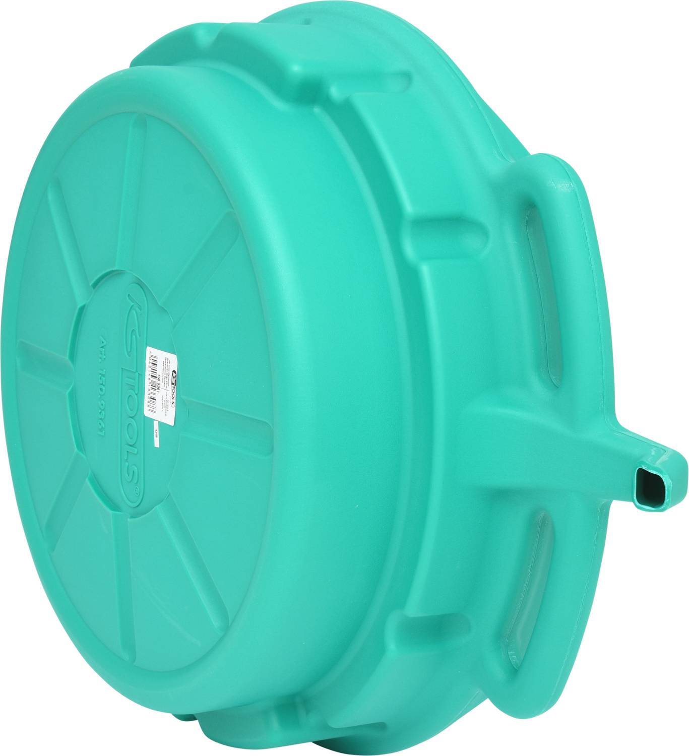 Round, turquoise plastic lid with ridged edges and a handle. Used for sealing a container or trolley.