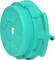 Round, turquoise plastic lid with ridged edges and a handle. Used for sealing a container or trolley.