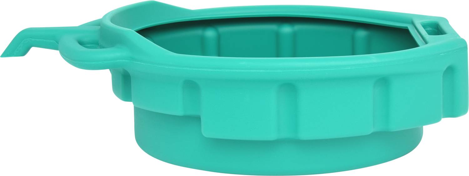 A turquoise plastic funnel with a handle and spout.