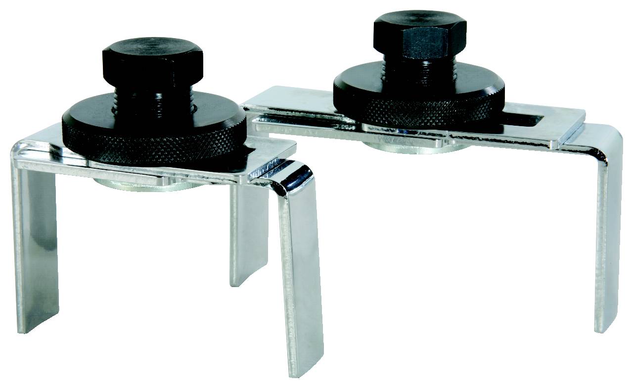 'Two black clamping screws on silver metal brackets, used for securing or aligning objects.'