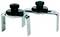 'Two black clamping screws on silver metal brackets, used for securing or aligning objects.'