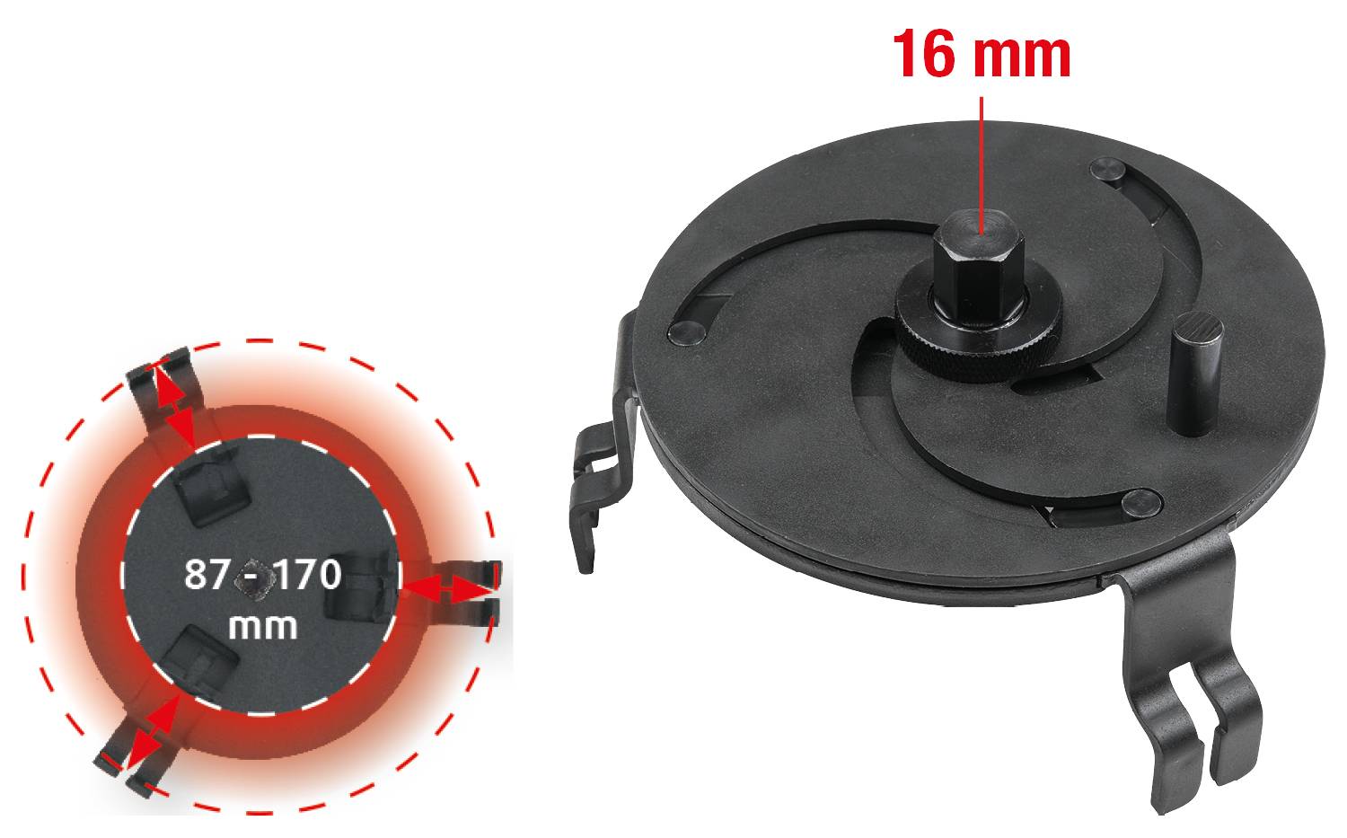 An adjustable oil filter wrench with a diameter of 87-170 mm. It features three gripping claws and a central screw mount of 16 mm.