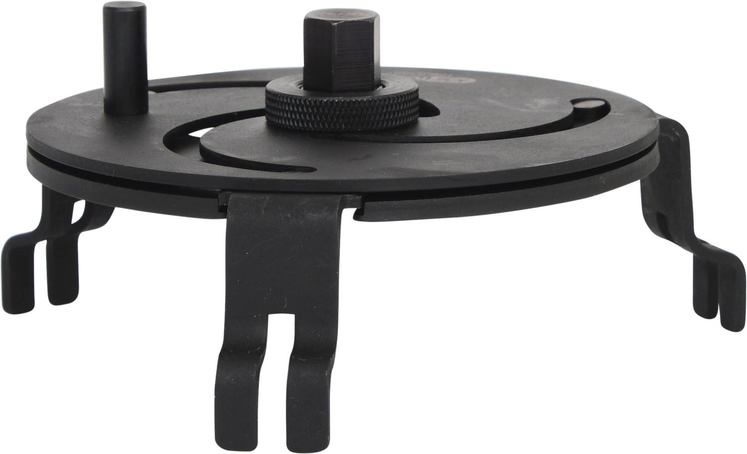 A black metal device with three curved hooks and a central adjustment mechanism. Purpose unclear, potentially a tool.