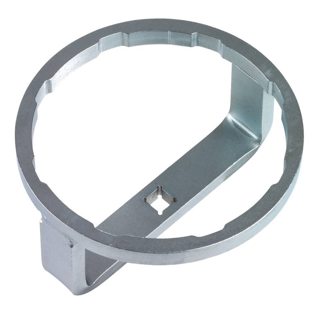 Metal ring with an internal supporting bar and a square recess, possibly part of a technical device or tool.