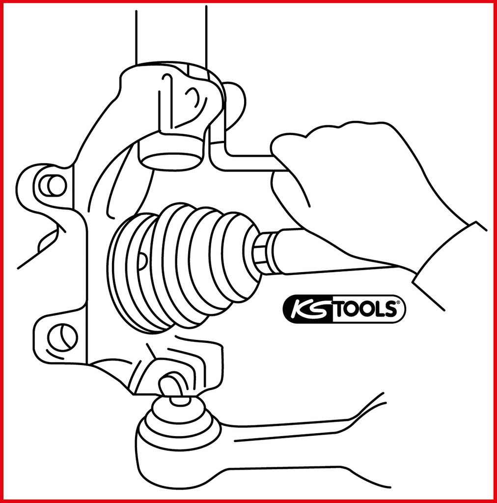 A hand is holding a tool to work on an automotive part connection. 'KS TOOLS' marking is visible.