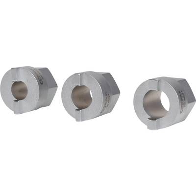 Three silver metal parts in cylindrical form with a hole in the centre, arranged on a white background.