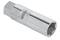 A silver, cylindrical tool attachment, a socket, with a hexagonal internal profile and smooth surface.