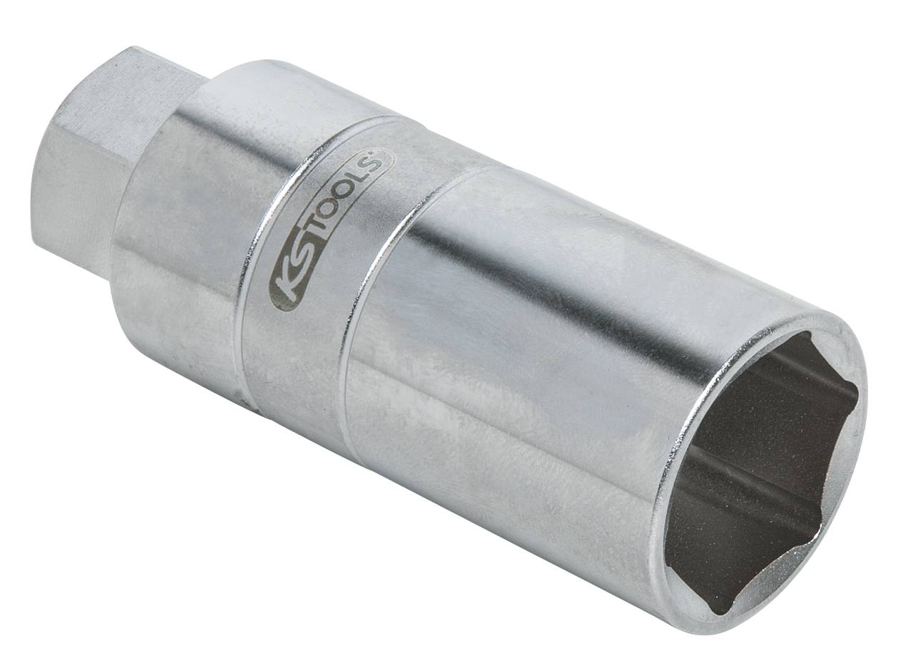 A silver hexagonal socket tool for screw work, with a hexagonal recess, is lying on a white background.