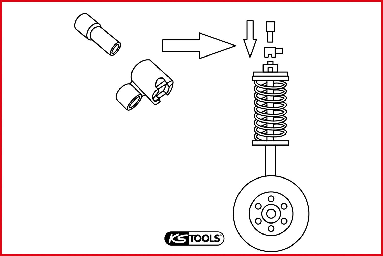 'A suspension strut assembly shows the installation of components with tools from KS Tools, illustrated with arrows and a suspension strut.'