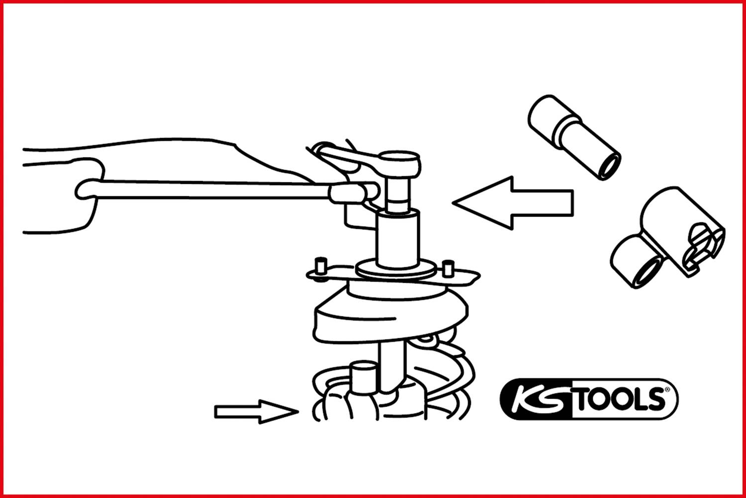 Diagram of a spring tension tool set. Shows the tool's application on a vehicle spring, brand name bottom right.
