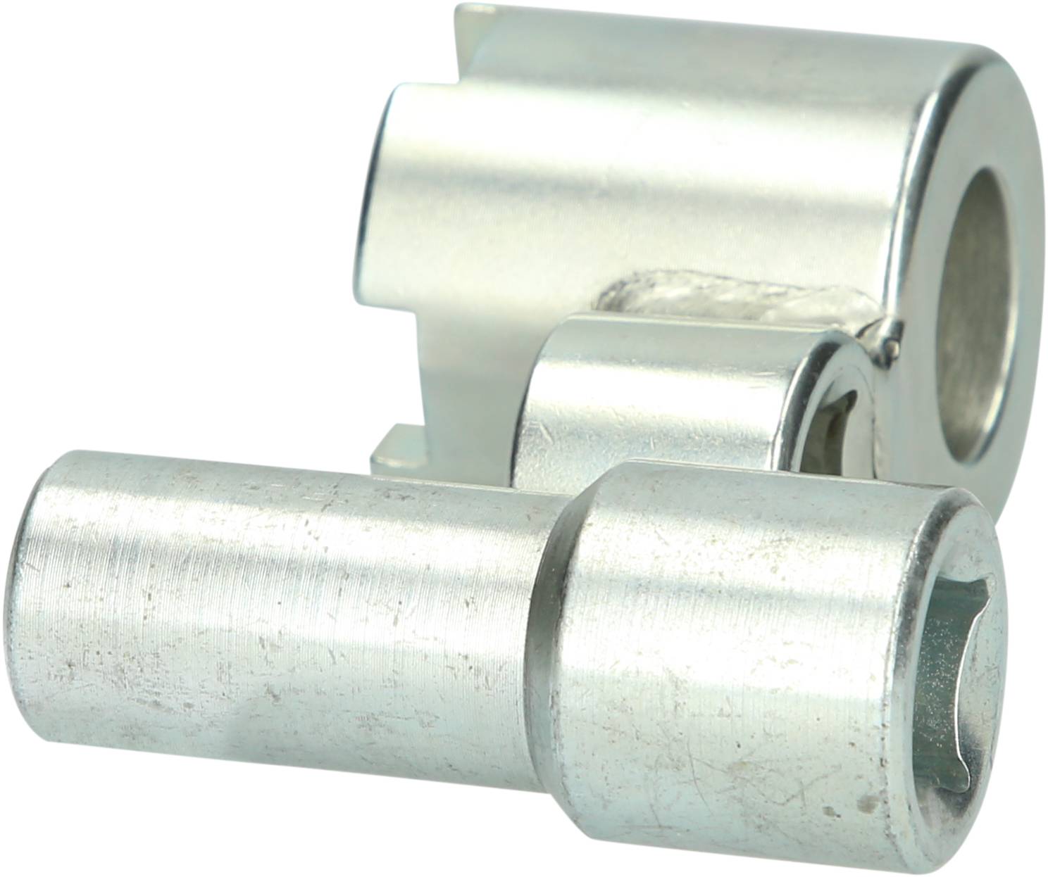 'Two metallic adapters, cylindrical in shape, with different diameters.'