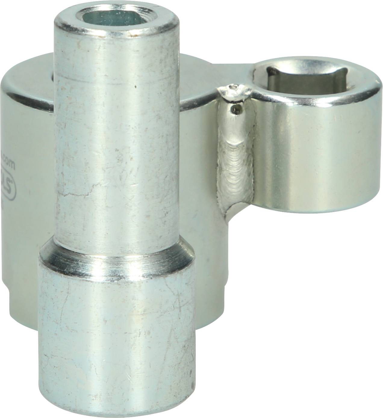 A silver metallic component with two cylindrical elements, one vertical and one horizontally connected, possibly a part or tool.