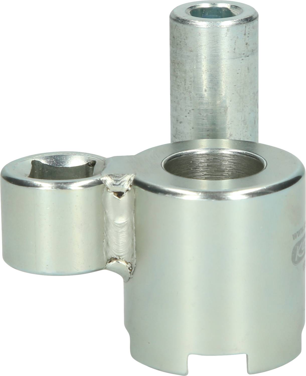 Metal piece with two circular openings and a cylindrical attachment. Used as a connecting element in technical applications.