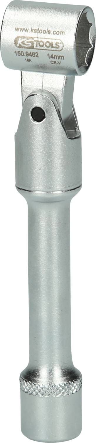 A torque wrench made of metal, suitable for 14mm nuts, with a pivoting head mechanism for easy tightening of bolts.