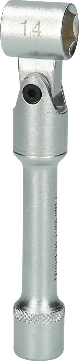 A silver torque wrench with a 14 mm socket opening. Tool for precise fastening of bolts and nuts.