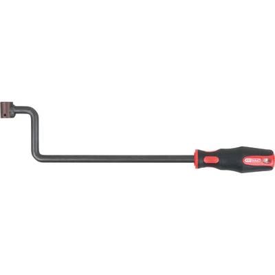Crank arm spanner with black steel arm and ergonomic red handle.