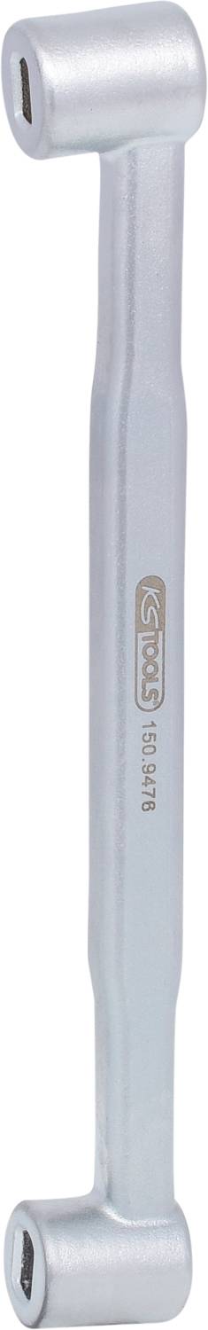 A silver Allen key with two hexagonal drive ends, marked with a logo and size specification.