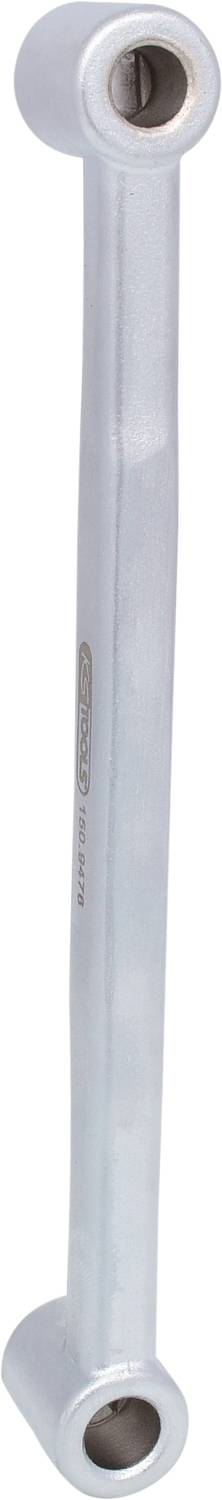 A silver-coloured, double-ended spanner with rounded ends is shown in close-up, positioned upright.