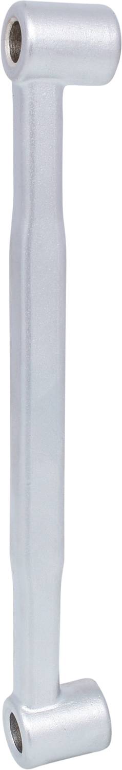 Silver L-shaped door handle with a smooth surface. Primarily used for fixing to doors or cabinets.