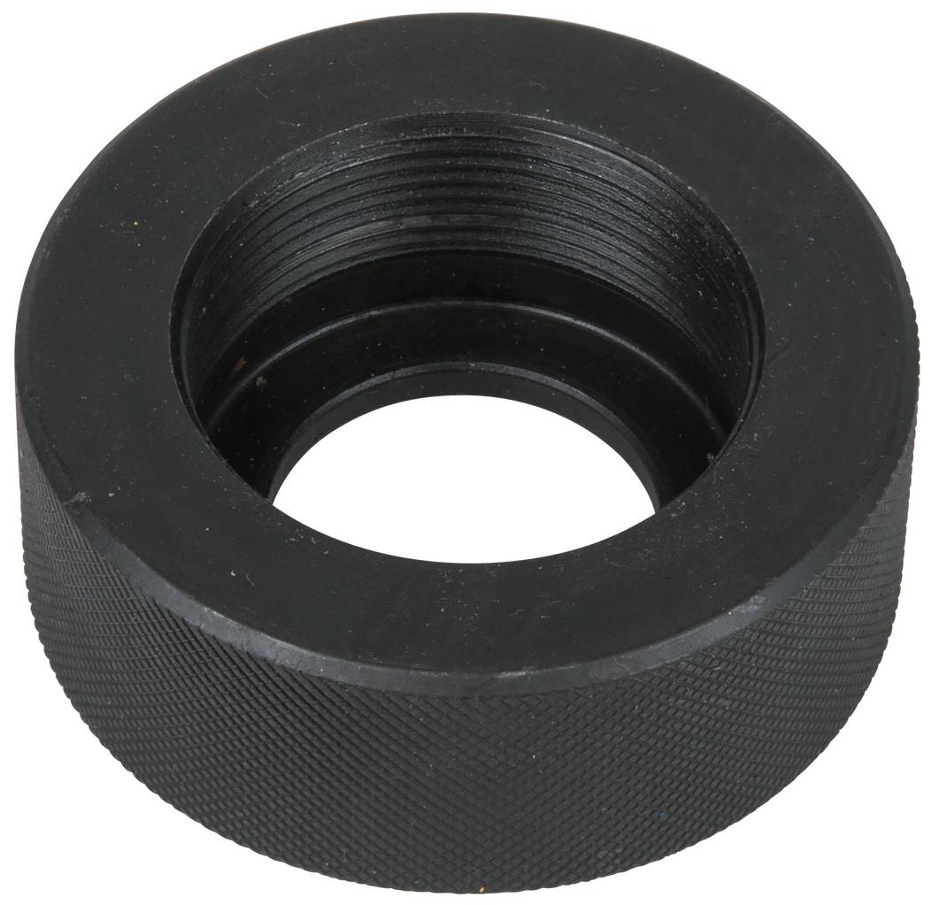 Black, cylindrical metal part with a central, internal thread. Used as a connecting component in machines.<br><br>(Note: This is already essentially in British English, so minimal changes were required.)
