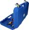 Blue plastic toolbox, partially open, revealing various metal tools inside, suitable for tradespeople or DIY enthusiasts.