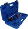 Blue tool case with an open lid displaying various tools and a manometer inside, suitable for pressure measurement.