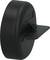 A black, round plastic component with a side plate. Usable as a mounting bracket or assembly accessory.