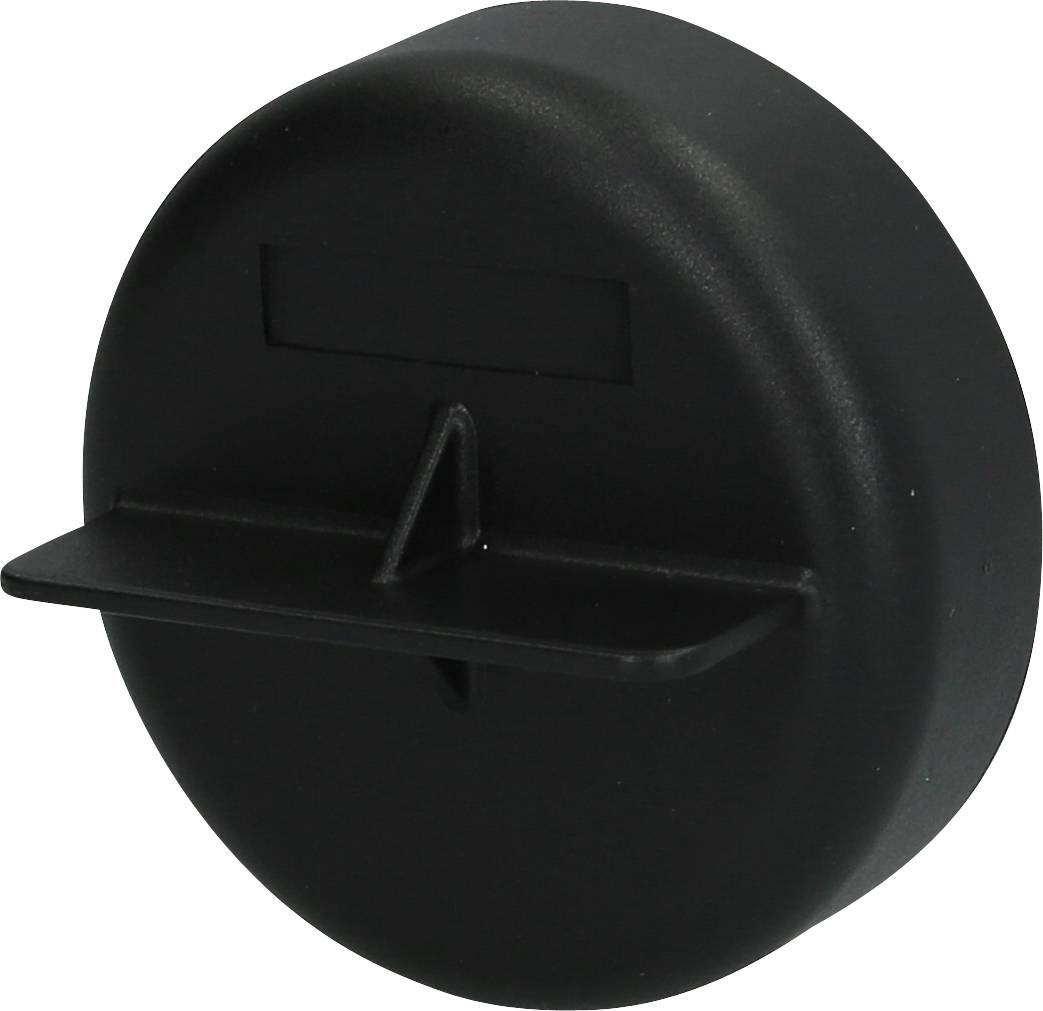 Black plastic component with a round housing and horizontal protrusion.