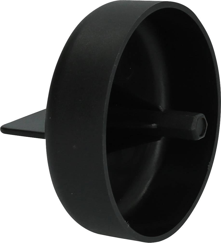Black, round plastic component with a protruding, rectangular pin in the centre, potentially a technical adapter.