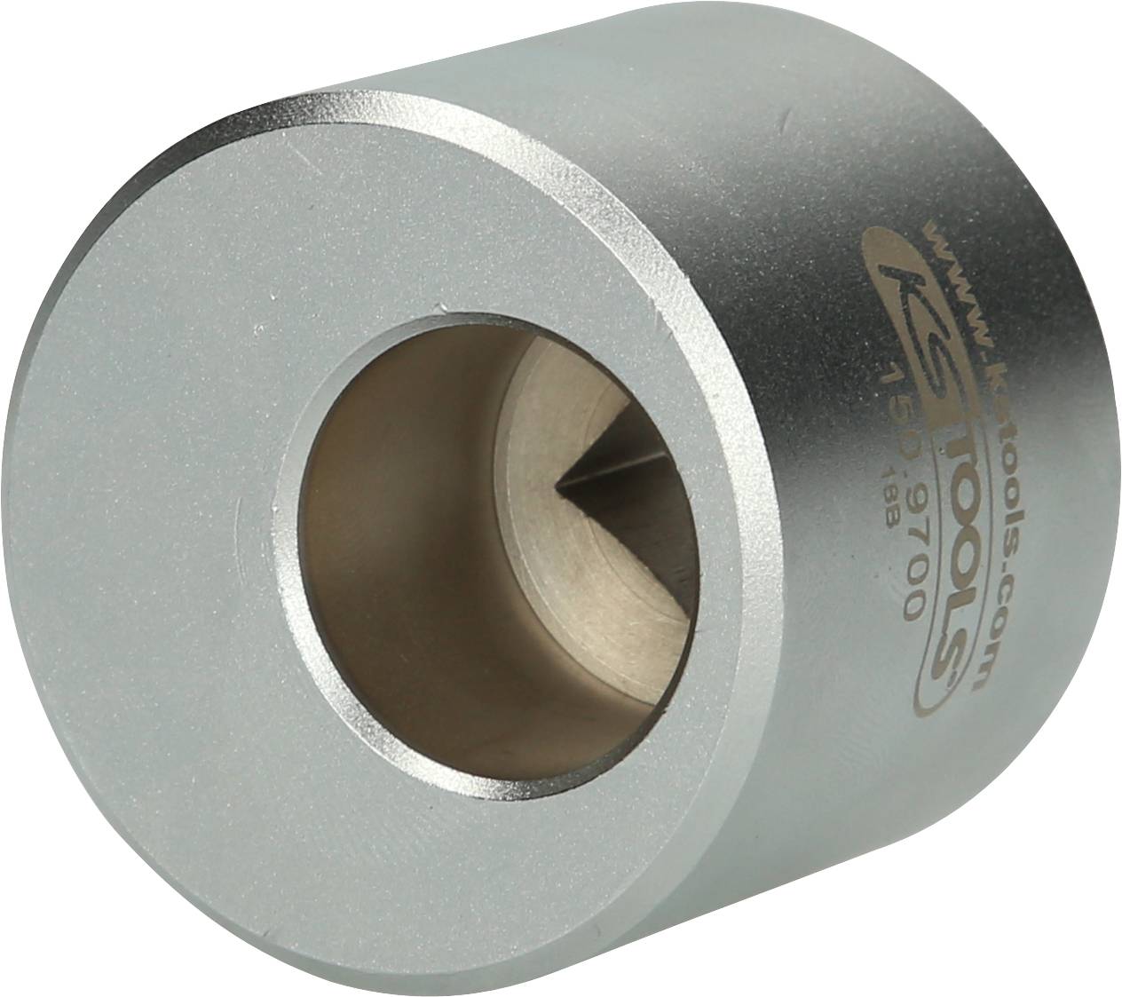 A silver metal attachment with a cylindrical shape and a conical inner area, bearing the inscription 'ks tools'.