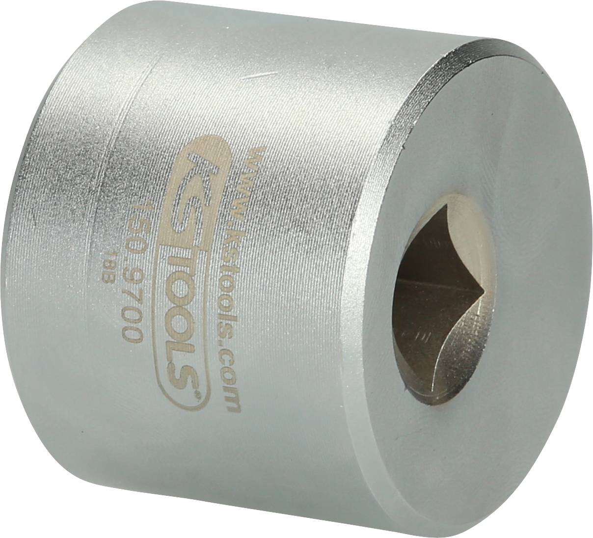 A silver six-sided hex key socket with an engraved logo.