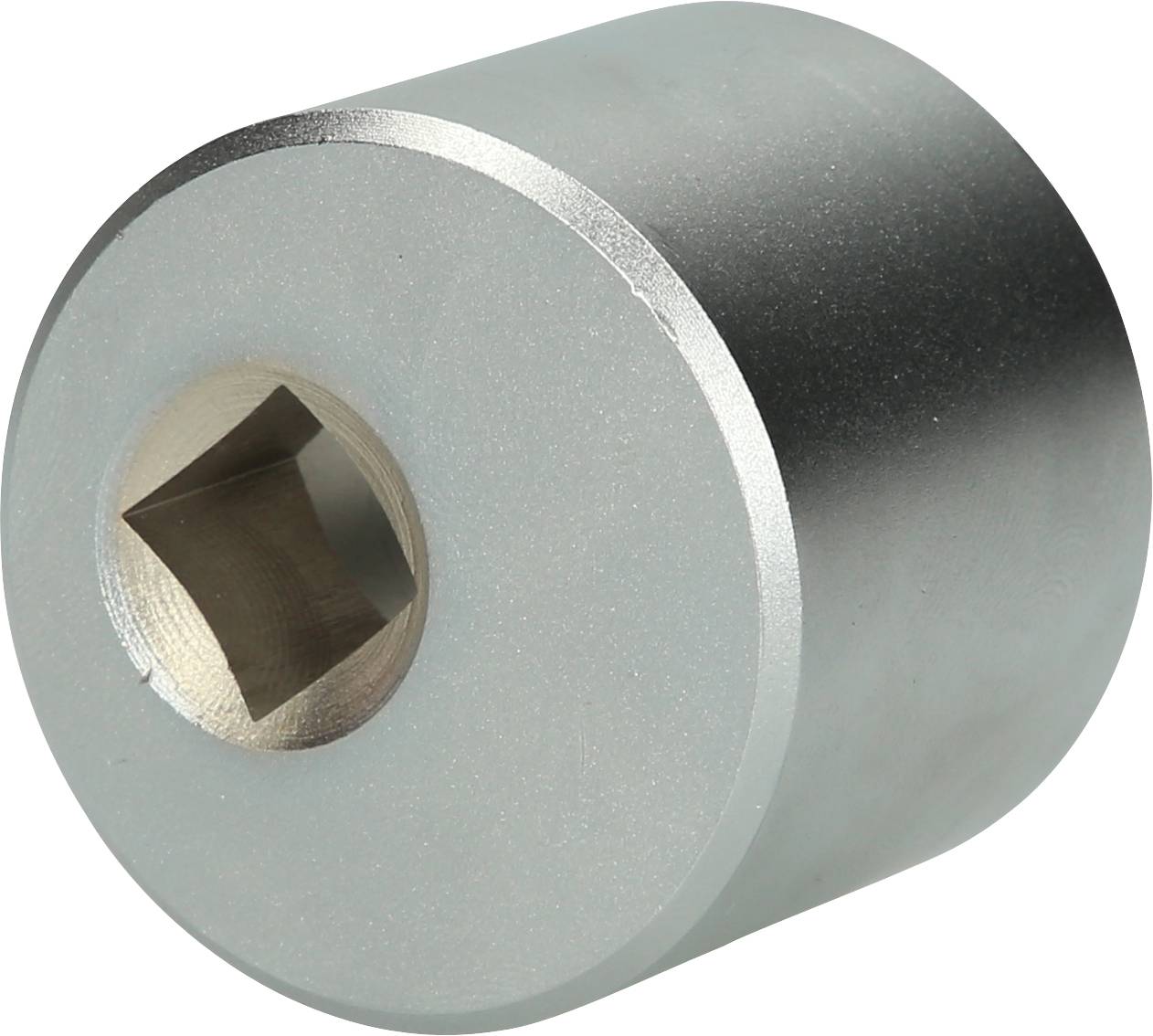 Silver metallic object with a cylindrical shape and a square opening on one side.