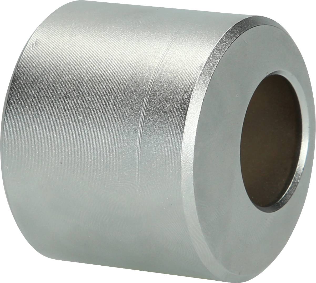 Metal cylinder with a smooth surface and a central hole, used in mechanical or industrial applications.