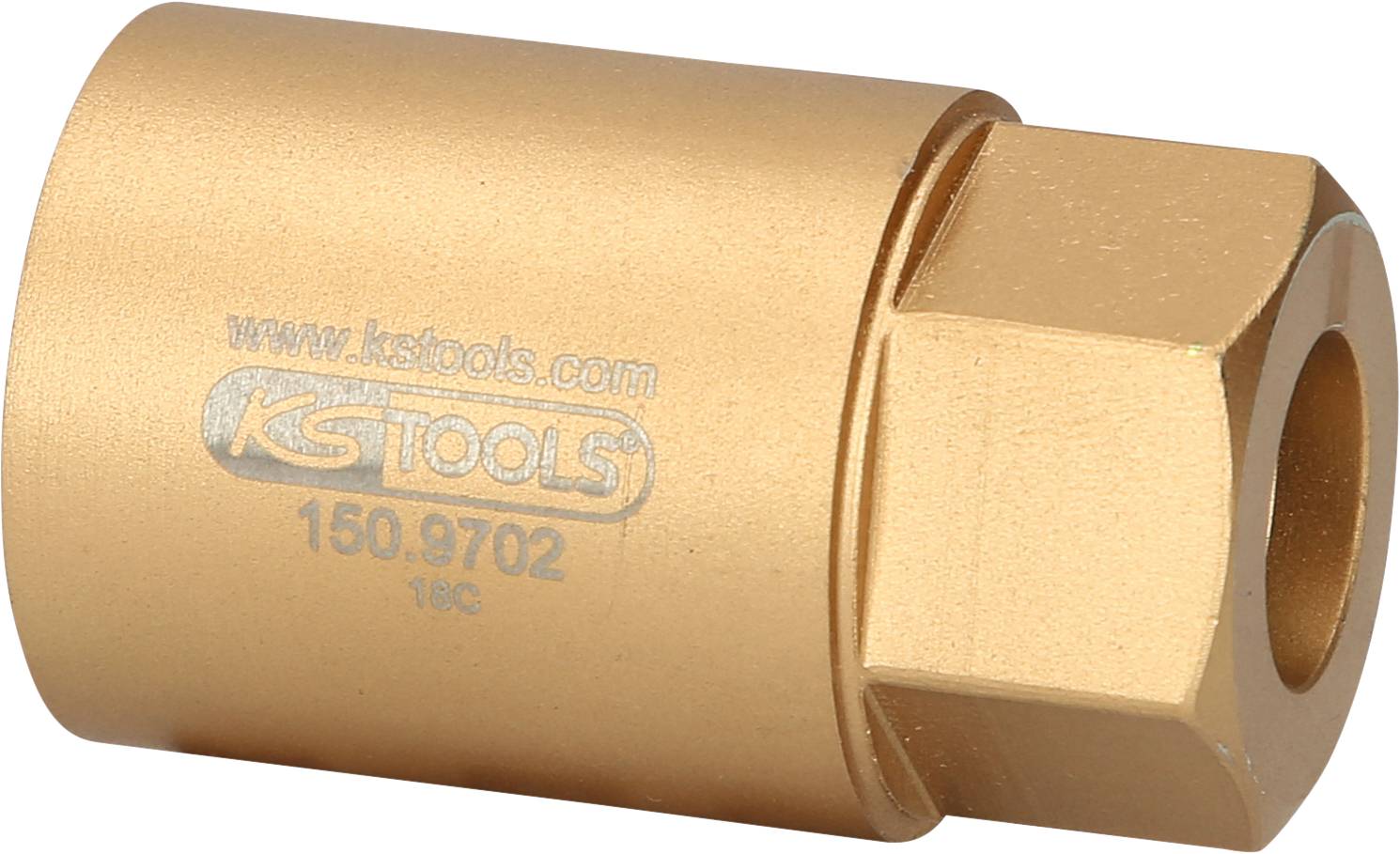 Image of a gold-coloured tool from KS Tools, apparently a socket wrench, with the inscription '150.9702' and 'www.kstools.com'.