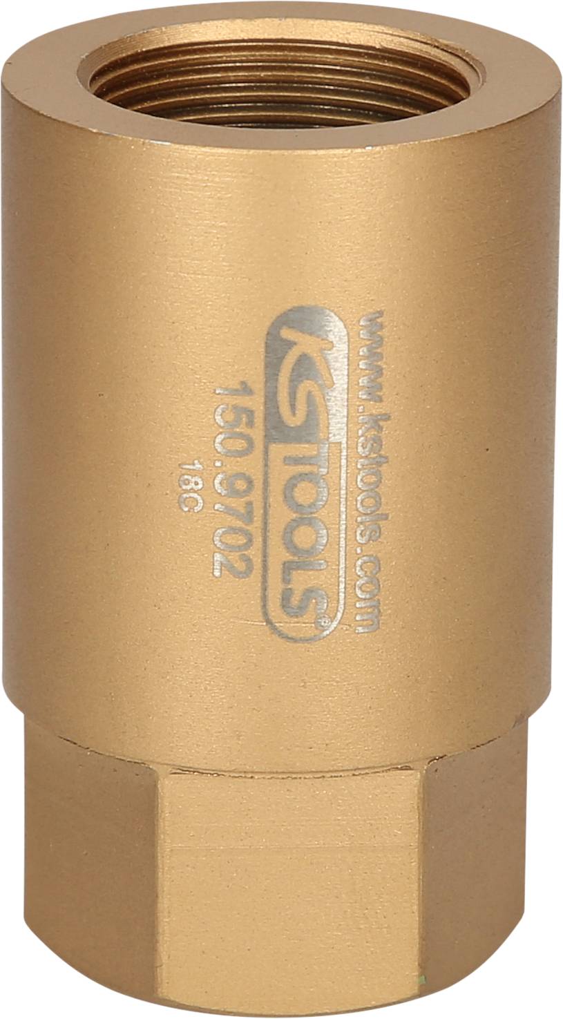 Brass-coloured non-return valve with 'KS Tools' inscription. Cylindrical shape with visible threaded connection at the top.