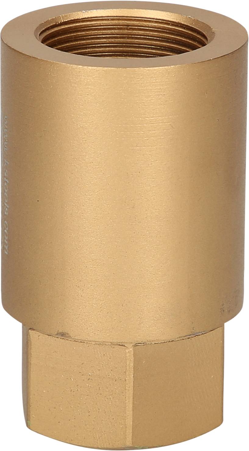 Brass non-return valve, cylindrical in shape, manufactured from golden metal, used for controlling liquid flow in plumbing installations.