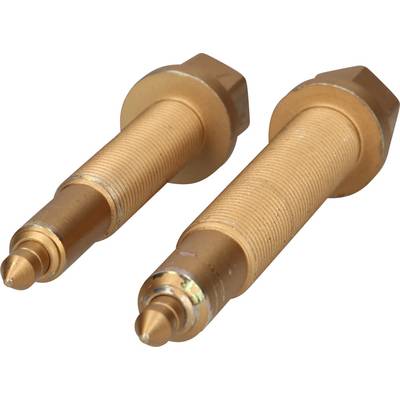 Two brass nozzles for welding equipment with threads and tapered tips, positioned parallel to each other on a white background.