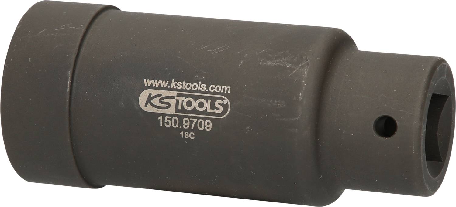 Black, cylindrical nut, labelled with 'www.kstools.com, KS Tools, 150.9709, 18C'. Tool for mechanical work.