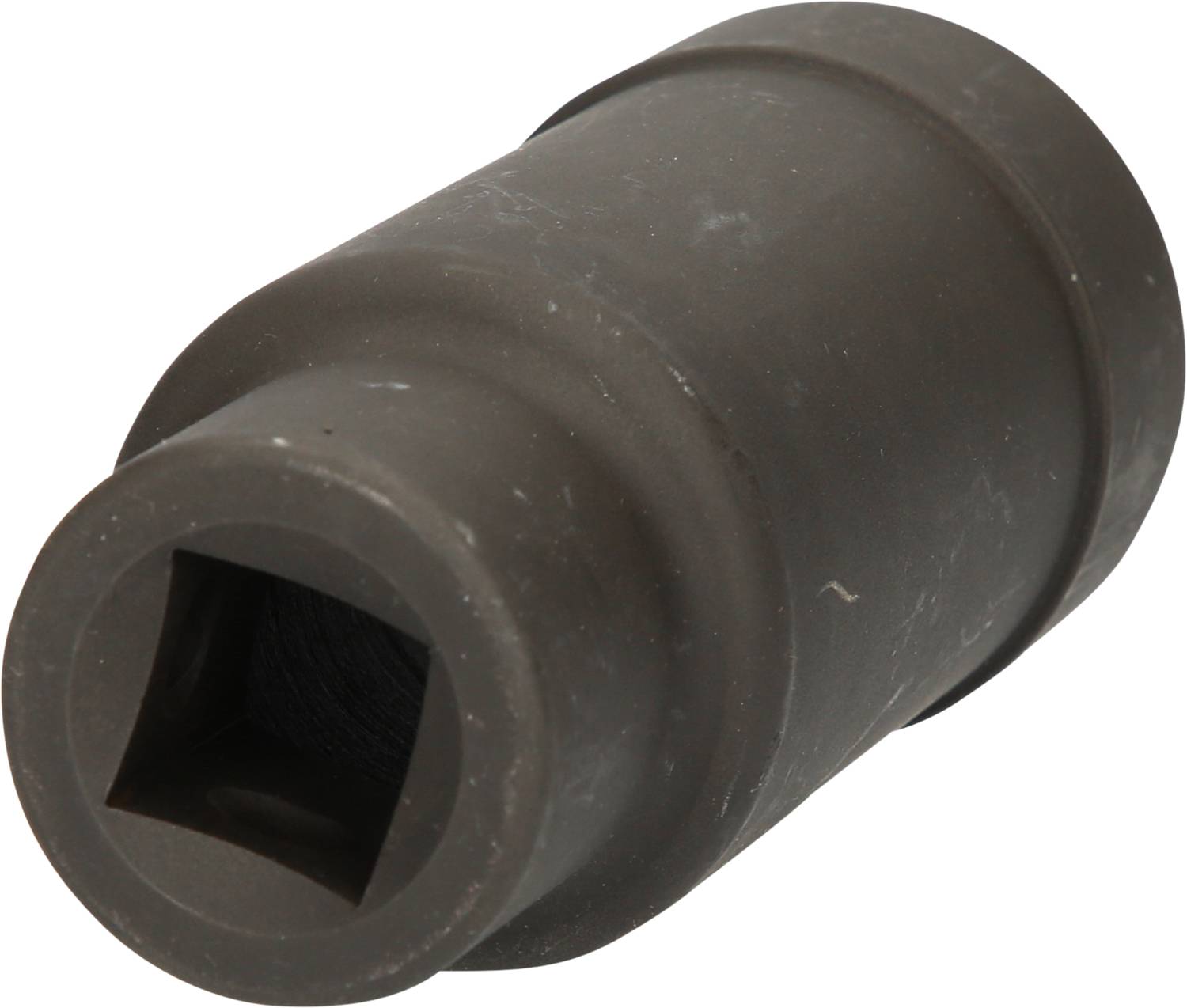 Metal socket wrench attachment in cylindrical form, used for tightening or loosening nuts and bolts.