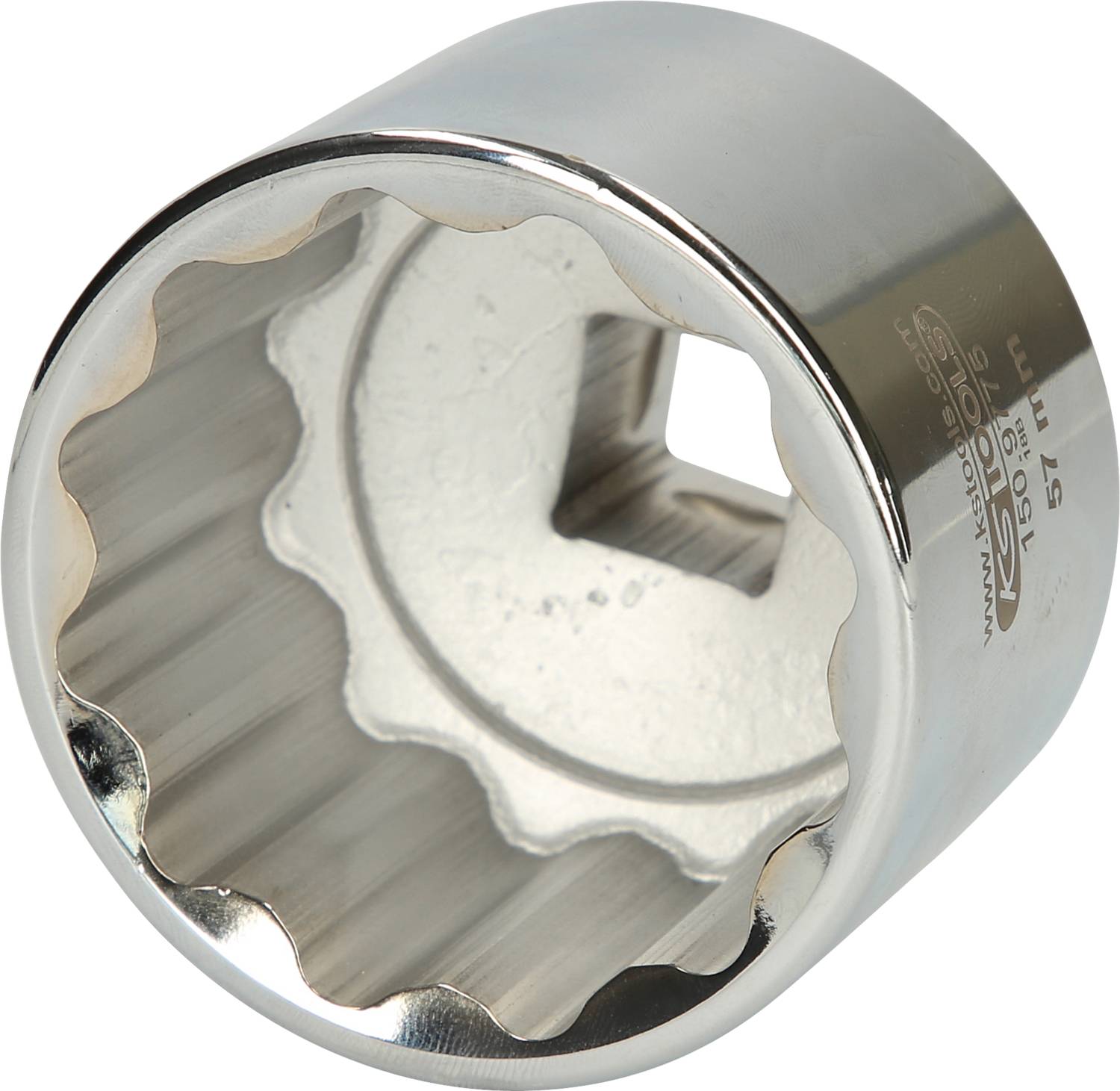 Metal socket spanner with hexagonal opening, polished surface, used for nuts and bolts.