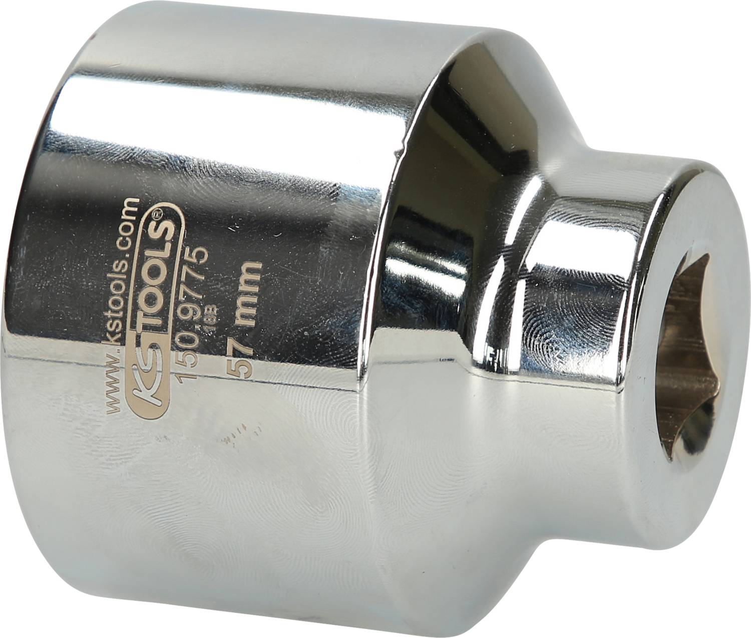 A gleaming six-sided socket key attachment with the inscription 'KS TOOLS 57 mm'. It is used for loosening screw nuts.