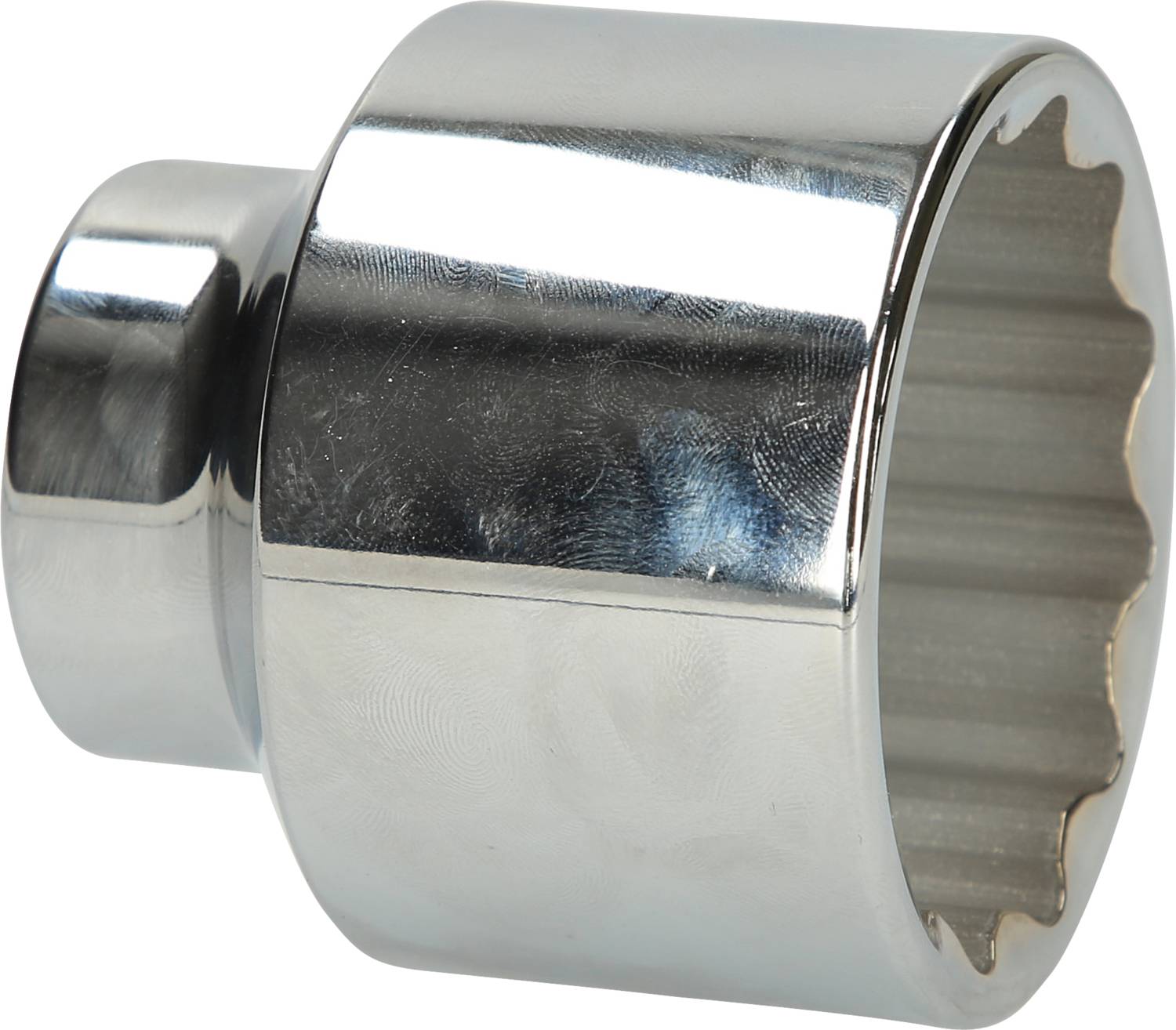 Chrome-plated socket drive, cylindrical in form with a toothed interior, reflective surface, used in mechanical applications.