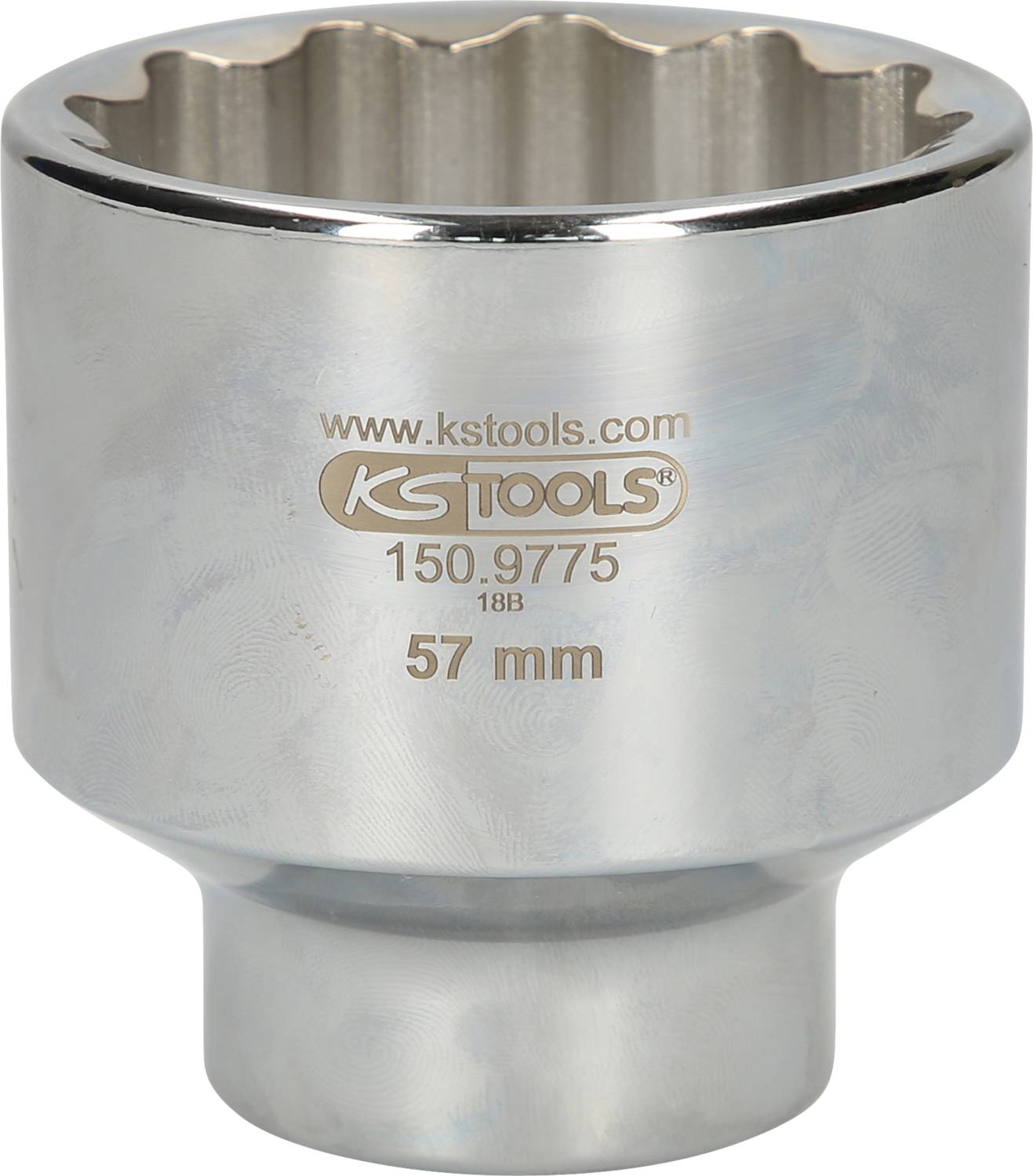 Metal socket insert with 57 mm diameter, engraved with the website and brand name 'KS Tools', suitable for large bolts.