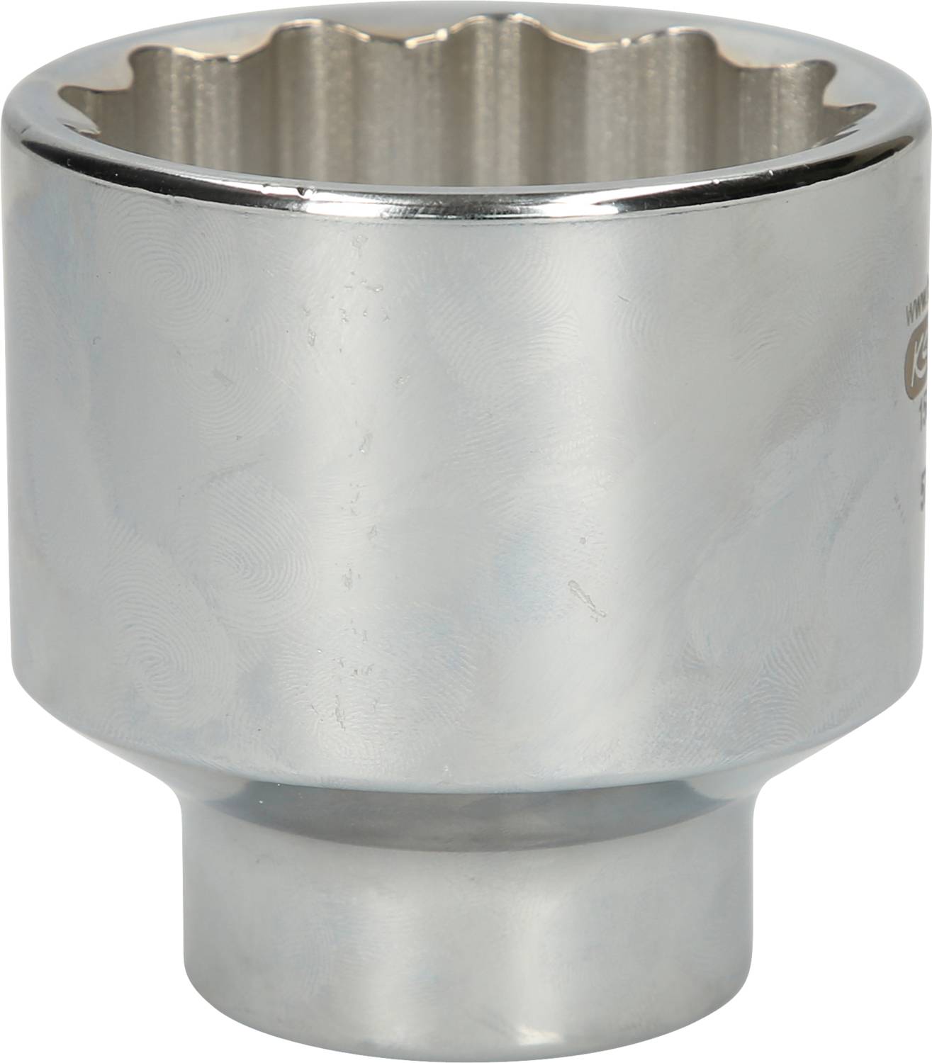 Metal socket wrench attachment with a round, ridged inner surface, used for loosening or tightening nuts or bolts.