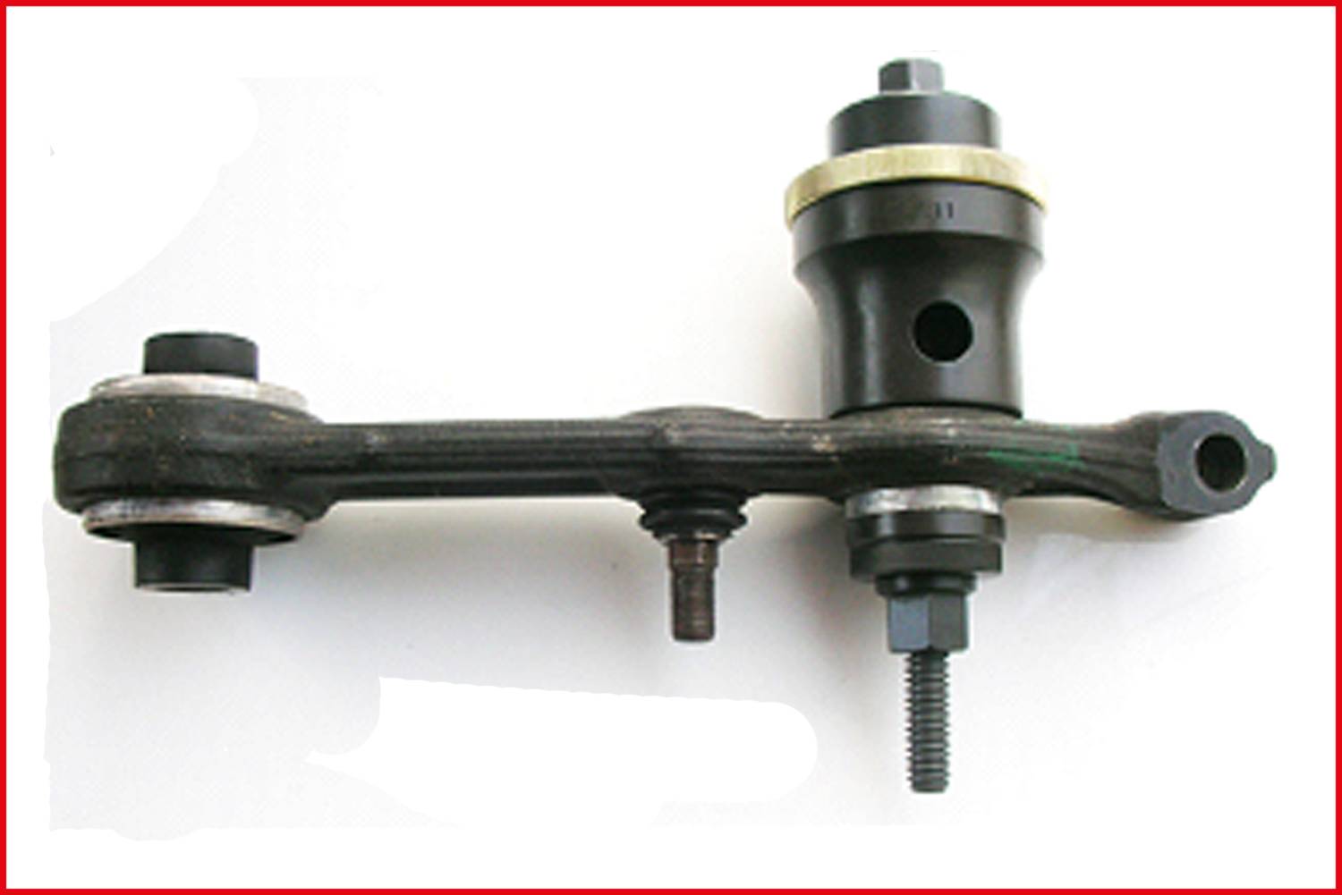 A black metal component with multiple screws and connecting pieces, likely an automotive part used for mounting or connection.
