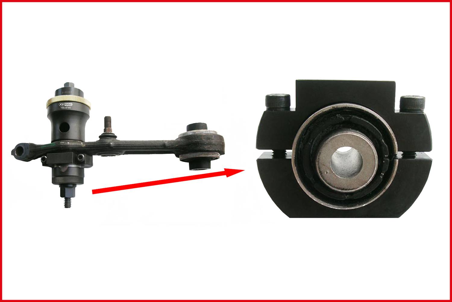 'A car ball joint with a red arrow pointing to the lower part, with a close-up of the same part in its mounting on the right.'