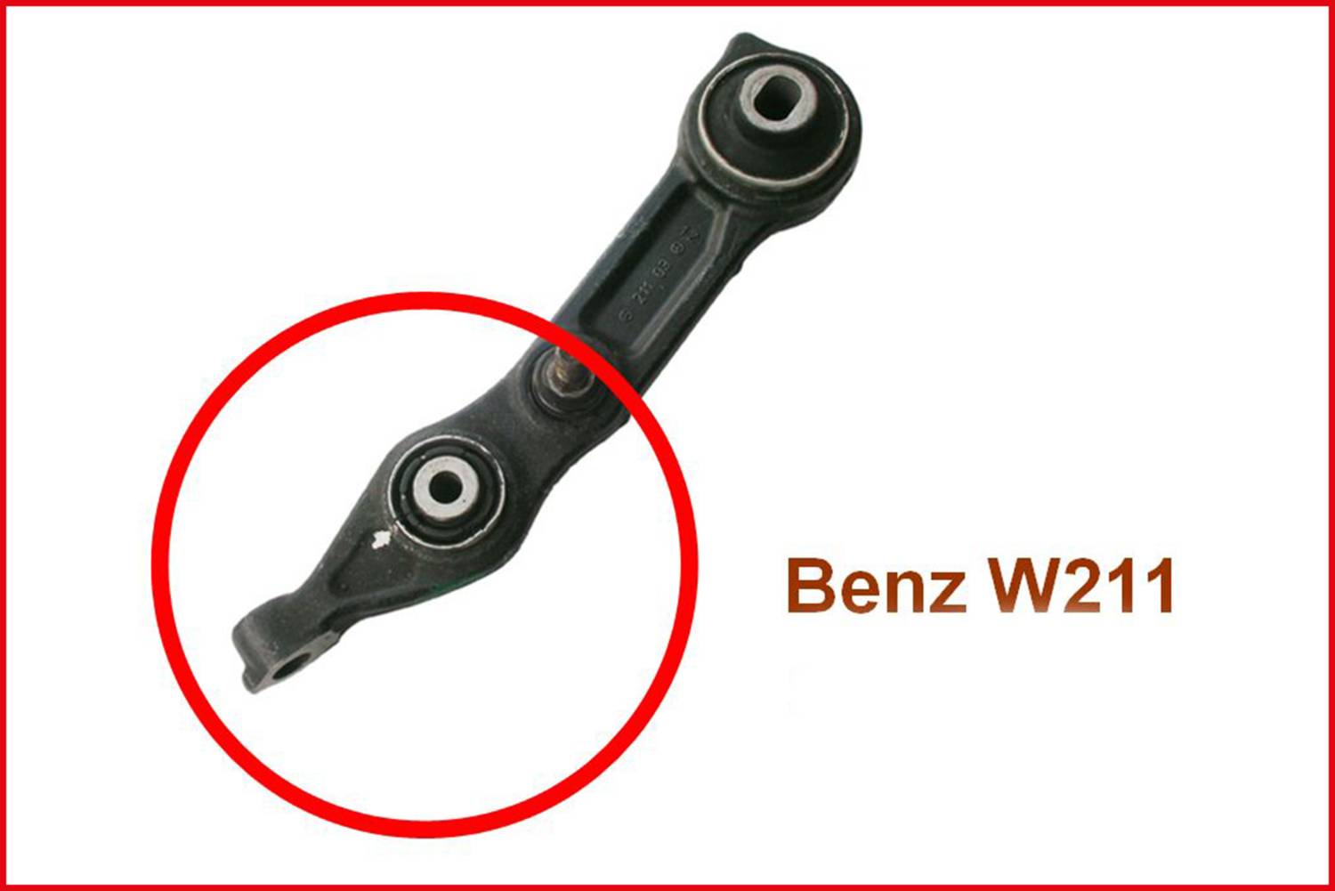 Illustrated is a wishbone suspension arm for the Mercedes-Benz W211 model, highlighted by a red circle.