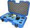 Blue plastic case with foam lining, containing various round metal tools and automotive repair accessories.